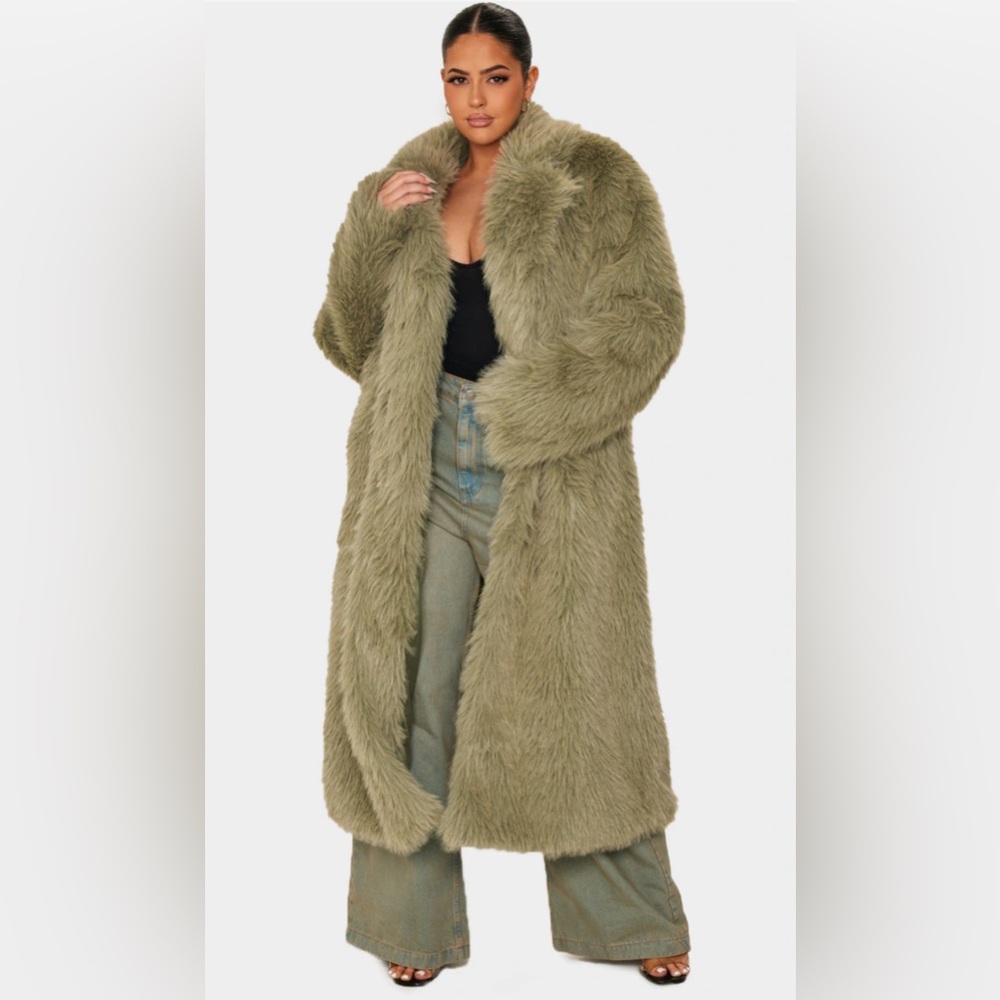 PLUS SAGE GREEN SHAGGY FAUX FUR MAXI COAT